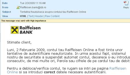 Foto captura mail phishing - Raiffeisen Bank 