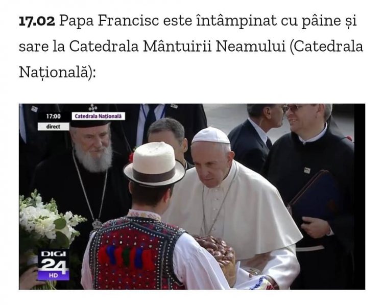 Papa Francisc întâmpinat la Catedrala Patriarhală cu pâine și sare de către un maramureșean – VIDEO