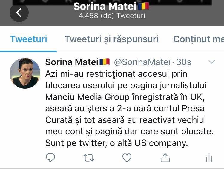 Sorina Matei este blocată total pe Facebook din cauza anchetelor pe care le publică