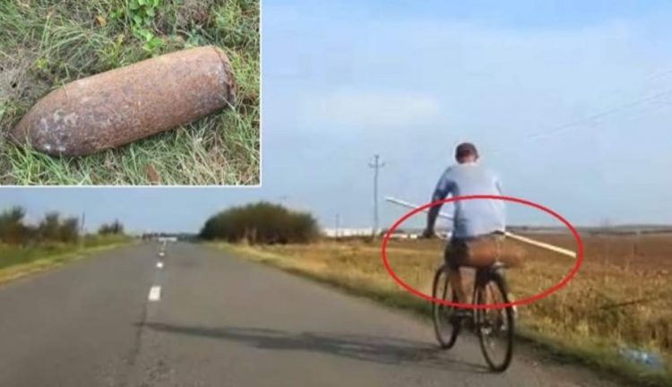 BOMBĂ GĂSITĂ PE CÂMP, CĂRATĂ ACASĂ CU BICICLETA!