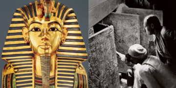 Sarcofagul din lemn aurit al lui Tutankhamon, prezentat înainte să fie restaurat