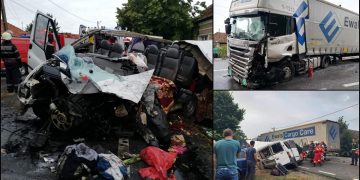 Dezastru pe şosele. Doi morţi şi şapte răniţi, după ce un microbuz s-a izbit frontal un TIR
