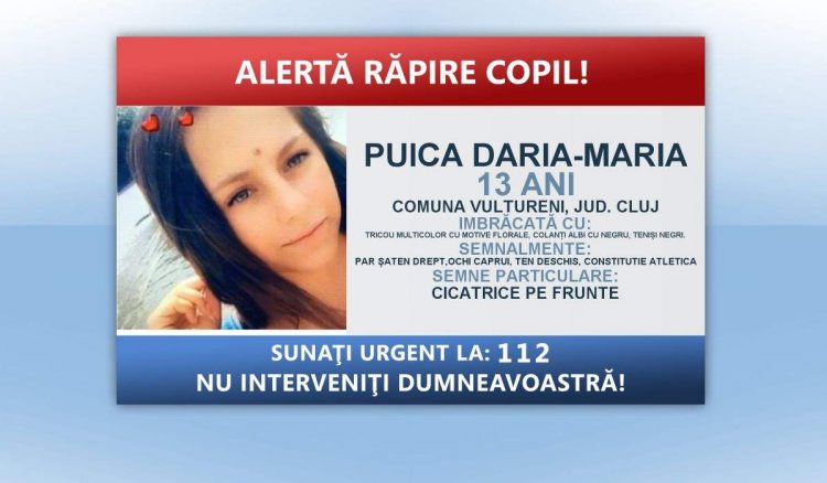 Daria, o fată de 13 ani din Cluj, a fost răpită de un tânăr de 27 de ani