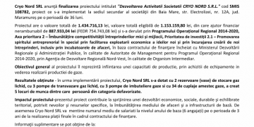 ANUNŢ PRIVIND FINALIZAREA PROIECTULUI „DEZVOLTAREA ACTIVITATII CRYO NORD S.R.L.”