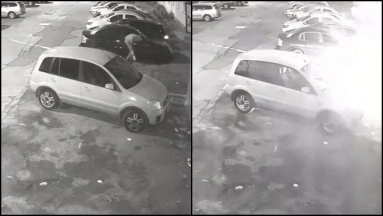 Mașina unui poliţist, incendiată în miez de noapte de un piroman – imagini video