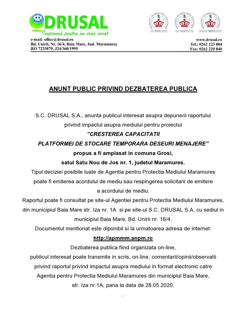 ANUNŢ PUBLIC PRIVIND DEZBATEREA PUBLICĂ