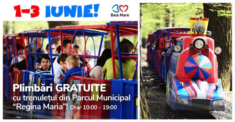 Veste bună pentru copii: În perioada 1-3 iunie 2020, copiii din Baia Mare circulă GRATUIT cu trenulețul din Parcul Municipal Regina Maria