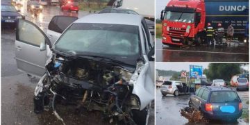 ACCIDENT SPECTACULOS! Motorul unui autoturism care a lovit un TIR, proiectat într-o maşină, care a ricoșat într-un alt autovehicul
