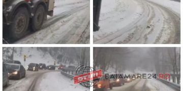 TIR-uri înţepenite în Pasul Gutâi, din cauza carosabilului acoperit cu zăpadă înghețată
