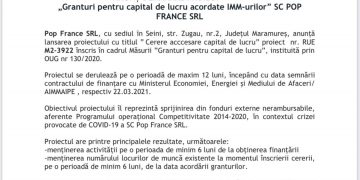 DEMARARE PROIECT „Granturi pentru capital de lucru acordate IMM-urilor” SC POP FRANCE SRL