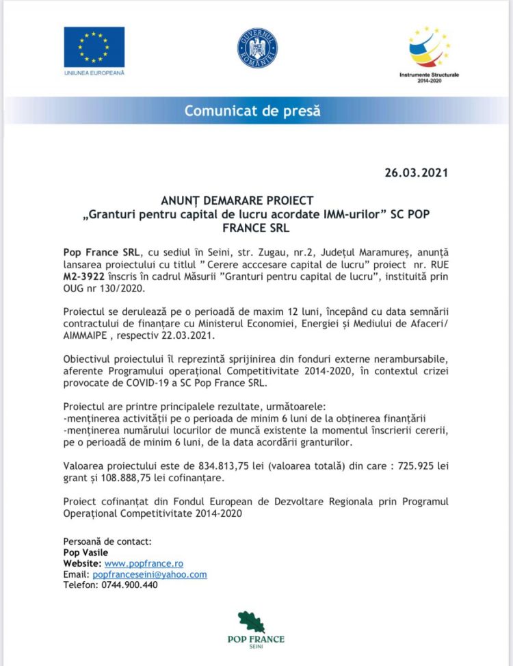 DEMARARE PROIECT „Granturi pentru capital de lucru acordate IMM-urilor” SC POP FRANCE SRL