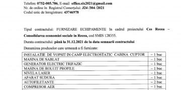 Anunț furnizare echipamente în cadrul proiectului „Ces Recea Consolidarea economiei sociale în Recea”, cod SMIS 128355