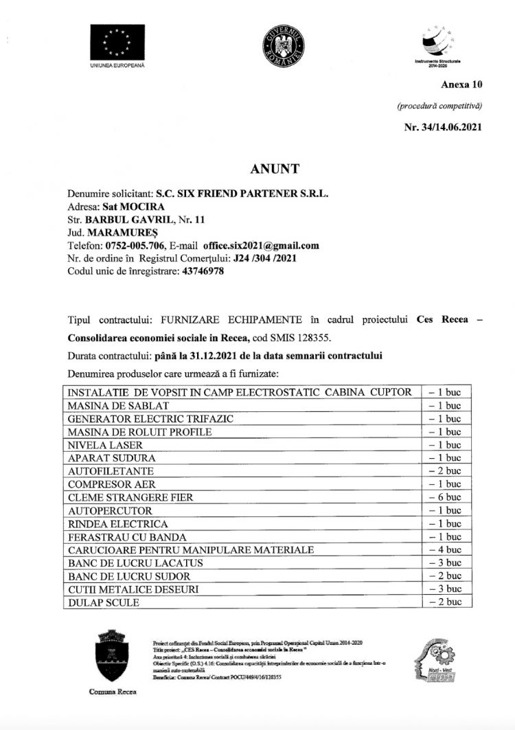 Anunț furnizare echipamente în cadrul proiectului „Ces Recea Consolidarea economiei sociale în Recea”, cod SMIS 128355