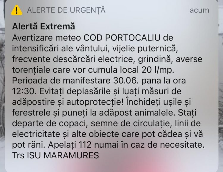 MESAJ RO-ALERT: Alertă extremă de vijelie puternică, grindină, frecvente descărcări electrice pentru mai multe zone din Maramureş