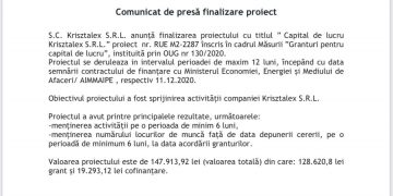 S.C. Krisztalex S.R.L. anunță finalizarea proiectului cu titlul ” Capital de lucru Krisztalex S.R.L.” proiect nr. RUE M2-2287 înscris în cadrul Măsurii ”Granturi pentru capital de lucru”, instituită prin OUG nr 130/2020.