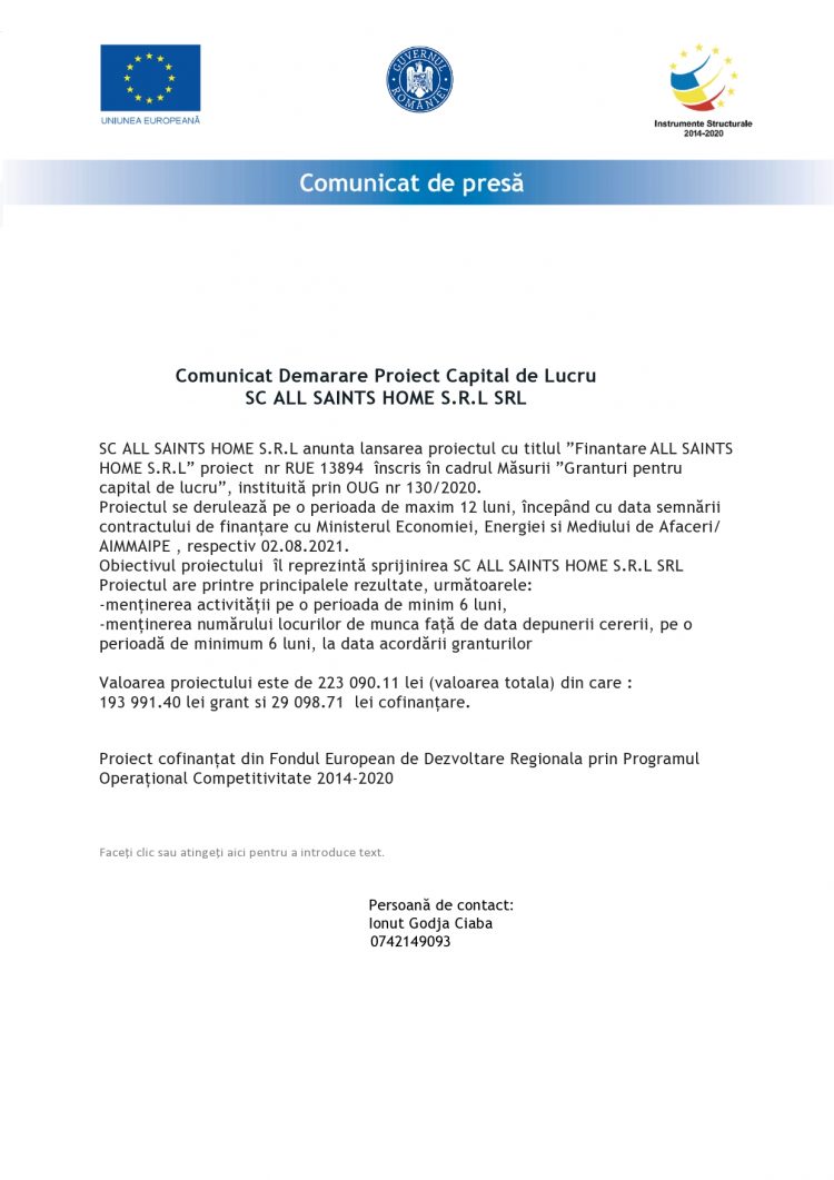 Comunicat Demarare Proiect Capital de Lucru SC ALL SAINTS HOME S.R.L SRL