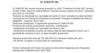 Comunicat Demarare Proiect Capital de Lucru SC EUROTIP SRL