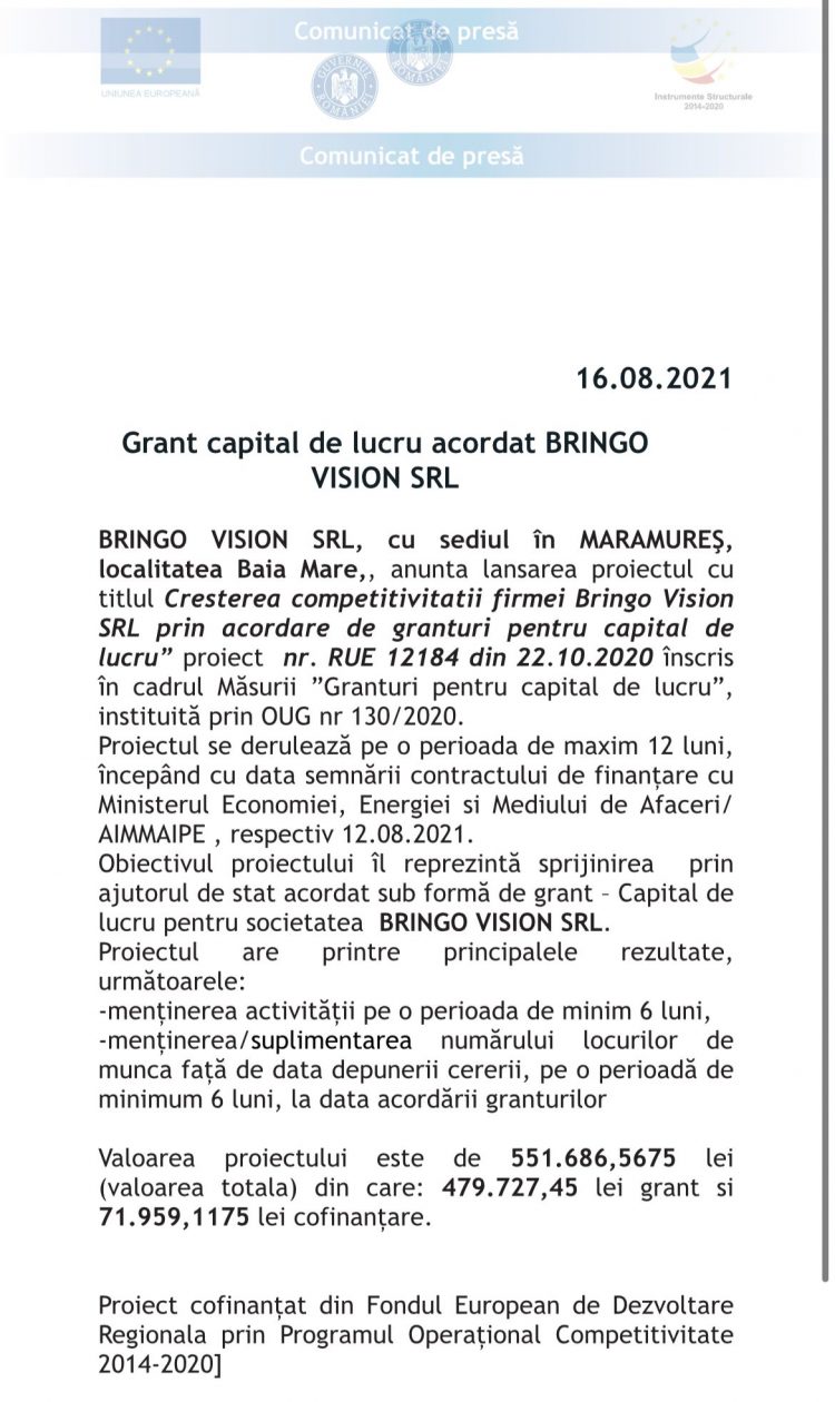 Grant capital de lucru acordat BRINGO VISION SRL