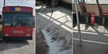 Un şofer de la Urbis s-a ales cu arsuri după ce i-a explodat în faţă un recipient cu dezinfectat, aprins de mai mulţi indivizi care au urcat în mijlocul de transport în zona combinatului