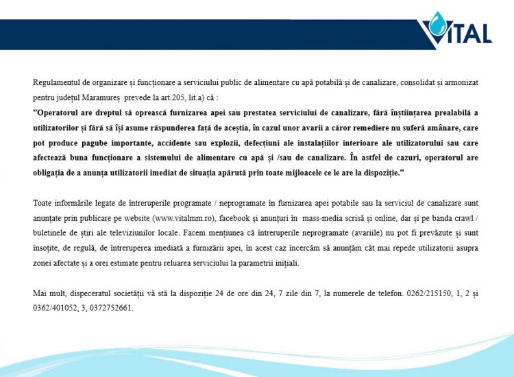 Anunţ Vital. Regulamentul de organizare şi funcţionare a serviciului public de alimentare cu apă