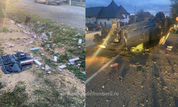 Pentru a scăpa de poliţiştii de frontieră, un contrabandist s-a răsturnat cu maşina după o urmărire în trafic