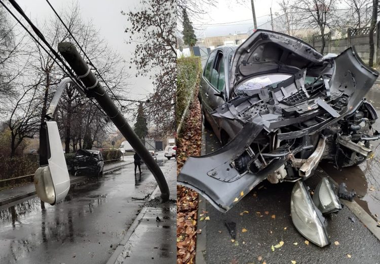 Accident în Baia Mare. Un şofer a intrat cu maşina într-un stâlp de electricitate – foto