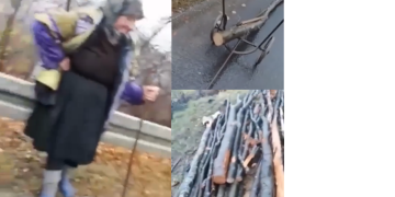Un polițist a fost înger sub acoperire: Cum a ajutat-o pe bătrânica din Petrova care trage după ea bușteni ca să aibă lemne de iarnă. VIDEO