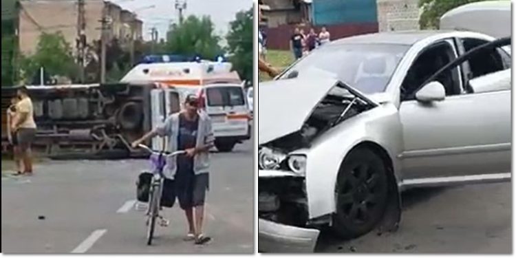 Ambulanţă aflată în misiune, implicată într-un accident rutier. Şoferul şi asistenta au fost răniţi