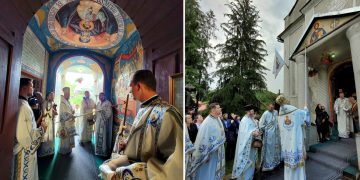 Sărbătoare la Rohia. A fost binecuvântată pictura pridvorului Bisericii „Nașterea Maicii Domnului”