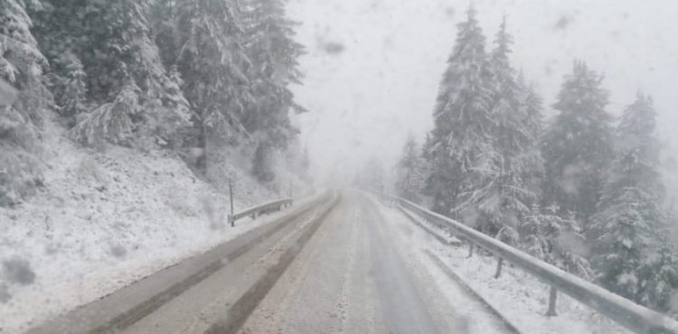 Zăpadă în Pasul Prislop, angajații secției de drumuri naționale acționează cu utilaje de deszăpezire