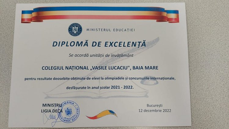 Merite recunoscute. Diplomă de excelenţă pentru Colegiul Naţional „Vasile Lucaciu” din partea Ministerului Educaţiei