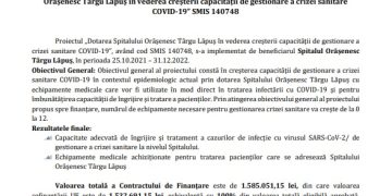 Anunț privind finalizarea contractului de finanțare pentru proiectul „Dotarea Spitalului Orășenesc Târgu Lăpuș în vederea creșterii capacității de gestionare a crizei sanitare COVID-19” SMIS 140748
