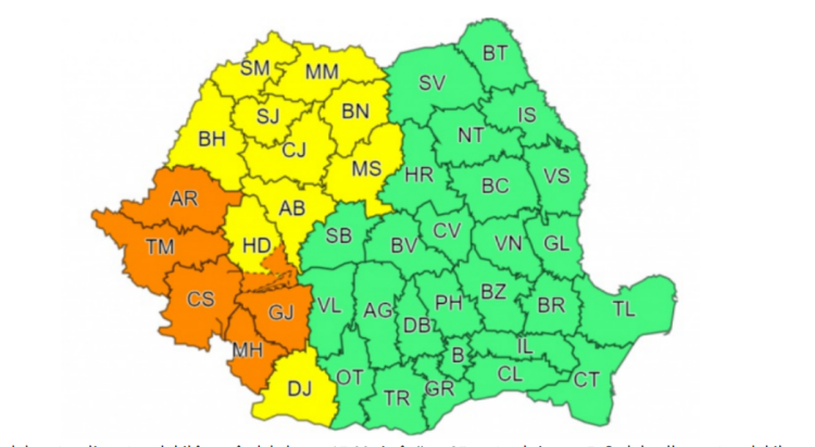 Aproape jumătate de țară, sub cod portocaliu și galben de vijelii, grindină și ploi torențiale