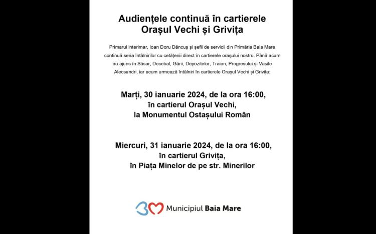 CONTINUĂ AUDIENȚELE ÎN CARTIERE: Primarul interimar, Ioan Doru Dăncuș vine săptămâna viitoare în cartierele Orașul Vechi și Grivița