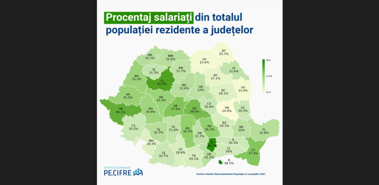 Harta procentelor salariaților: Județele cu cea mai mare și cea mai mică pondere de salariați