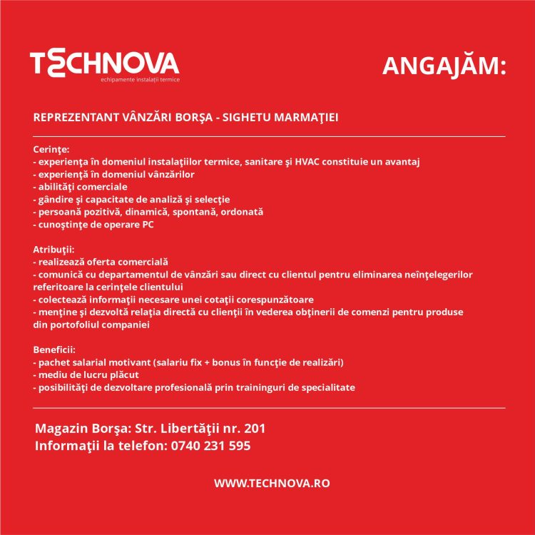 ANUNȚ: Agent Vanzari – Zona Sighetu Marmatiei – Borsa (MM)