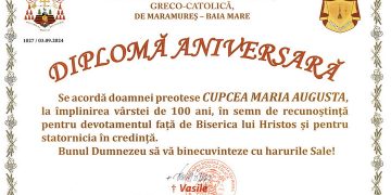Felicitări din partea Episcopiei greco-catolice de Maramureș doamnei preotese CUPCEA MARIA AUGUSTA, la împlinirea frumoasei vârste de 100 ani