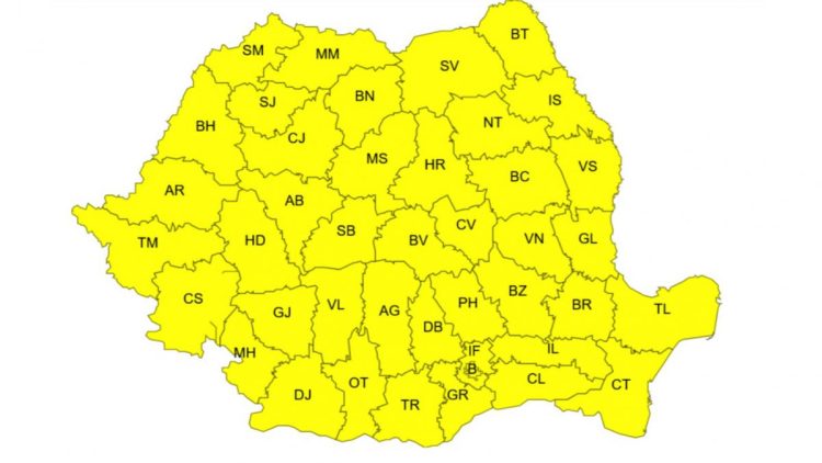 Cod galben de ploi torențiale și vijelii. Alertă meteo de furtuni în toate județele