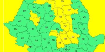 HARTĂ. Cod galben de ploi torențiale, furtuni cu descărcări electrice și vânt puternic în mai multe județe din țară