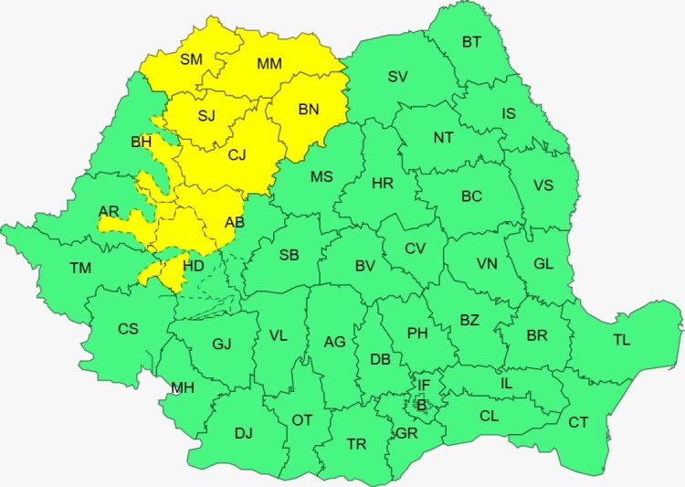 COD GALBEN. Averse cu descărcări electrice începând cu noaptea de miercuri spre joi