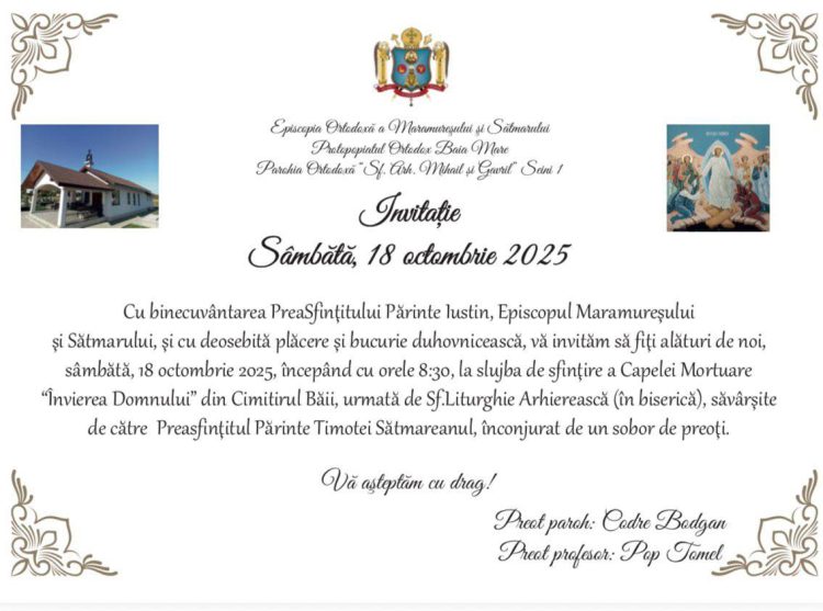 Slujbă de sfințire la Seini – Capela Mortuară „Învierea Domnului” va fi binecuvântată de ierarhii Maramureșului și Sătmarului