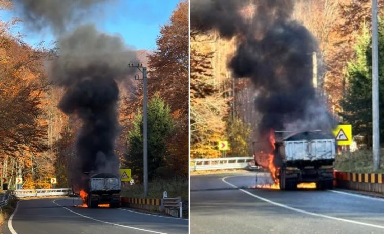Camion cuprins de flăcări pe DN 18, în Pasul Gutâi – foto