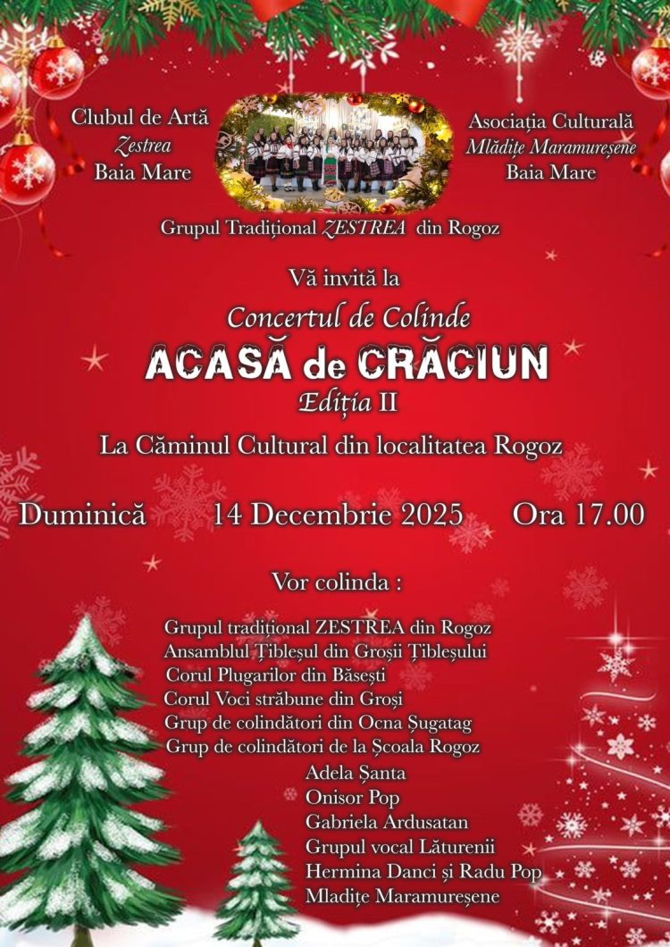 „Acasă de Crăciun” – concert de colinde cu suflet maramureșean, duminică la Rogoz
