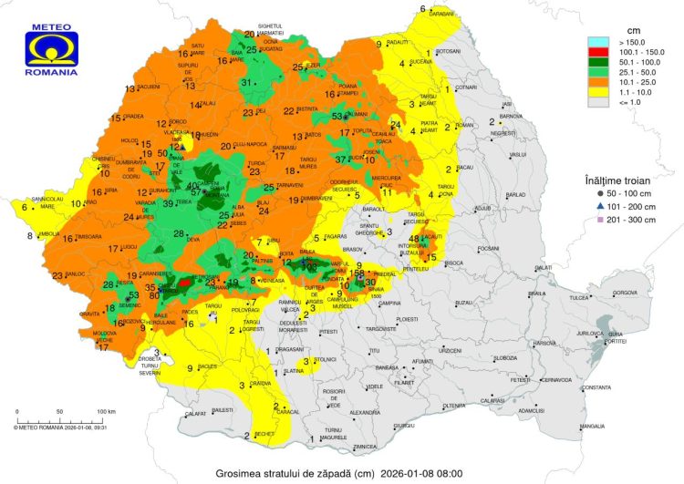 Harta zonelor din România cu cel mai mare strat de zăpadă