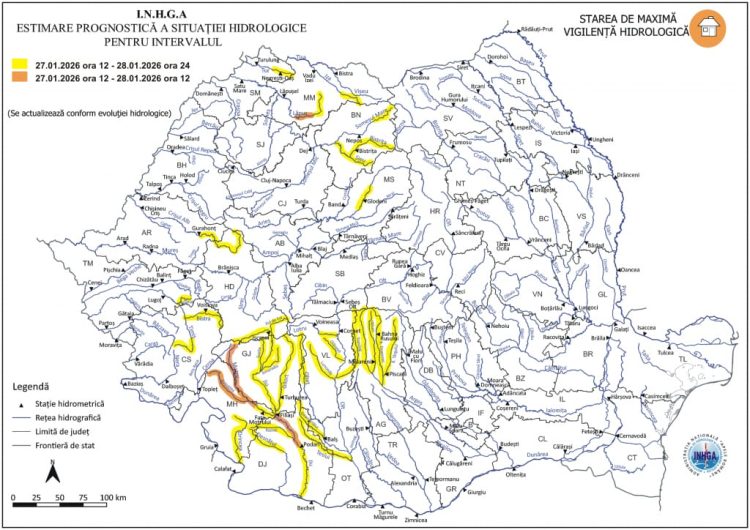 INHGA: COD GALBEN și COD PORTOCALIU de inundații pe râuri din Maramureș
