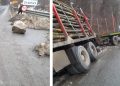 Pericol pe DJ186, la Bârsana: bolovan prăbușit de pe versant, un vehicul a ajuns în șanț