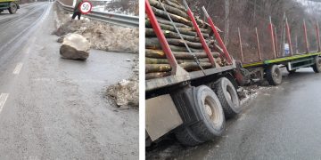 Pericol pe DJ186, la Bârsana: bolovan prăbușit de pe versant, un vehicul a ajuns în șanț