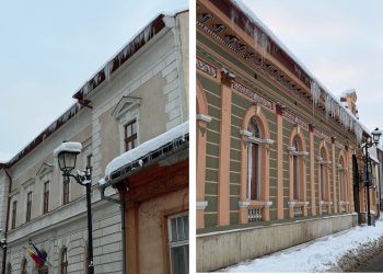 Iarna își arată adevărata față în Baia Mare. Țurțuri și zăpadă pe clădirile din centrul orașului, un adevărat pericol