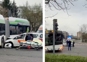 Accident grav în Baia Mare, zona Meda. Taximetru intrat în autobuz, o persoană încarcerată