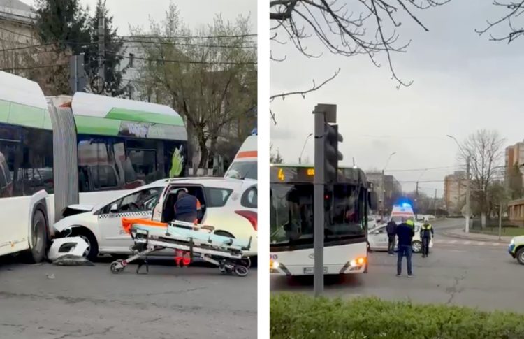 Accident grav în Baia Mare, zona Meda. Taximetru intrat în autobuz, o persoană încarcerată